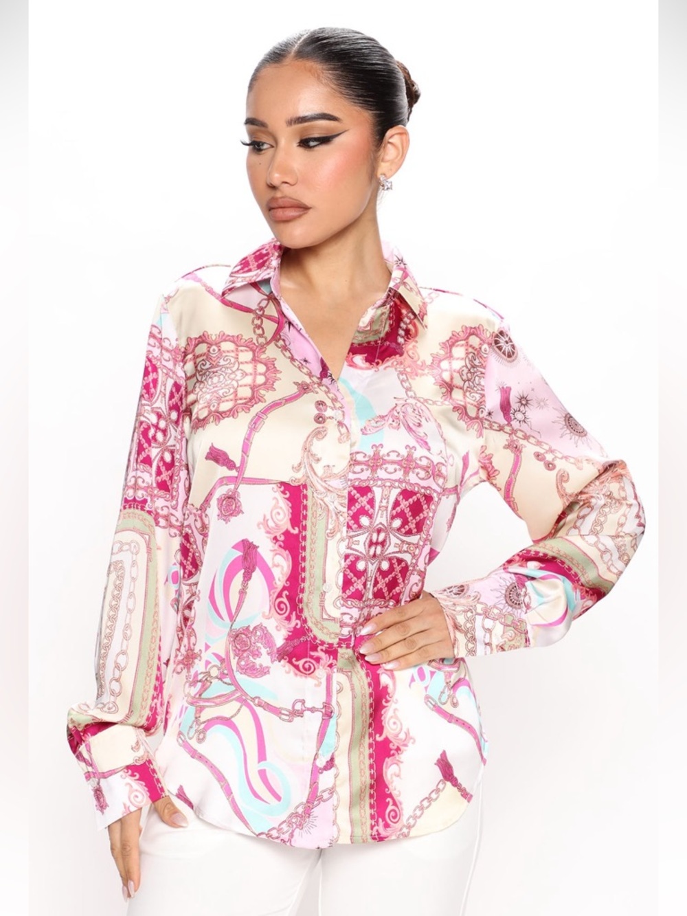 Fashion Nova Spending Spree Satin Button Down Blouse | Pink/Combo - Picture 3 of 6